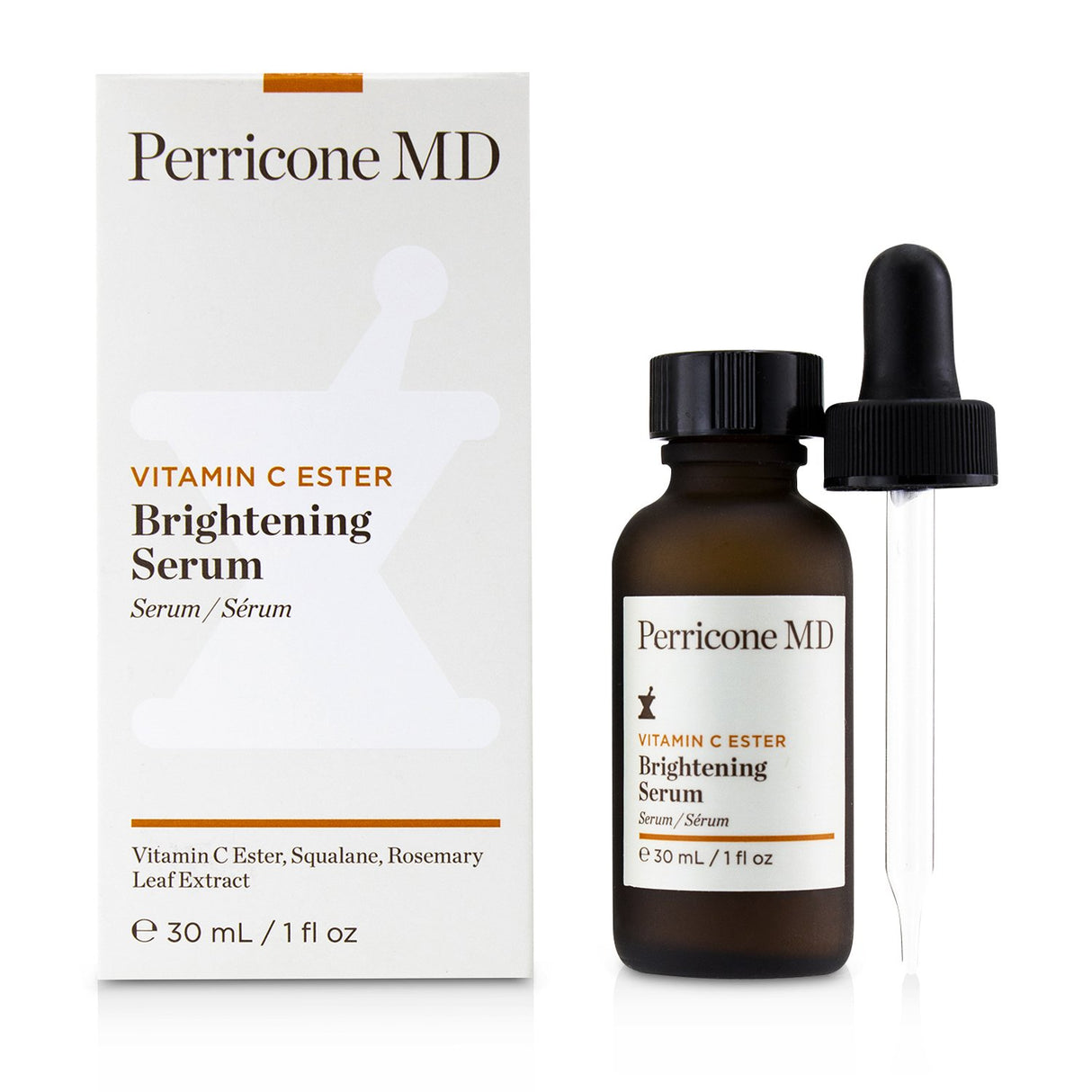 Perricone MD Vitamin C Ester Brightening Serum in herbal-citrus formula enhances radiance, minimizes dark spots, and hydrates skin.