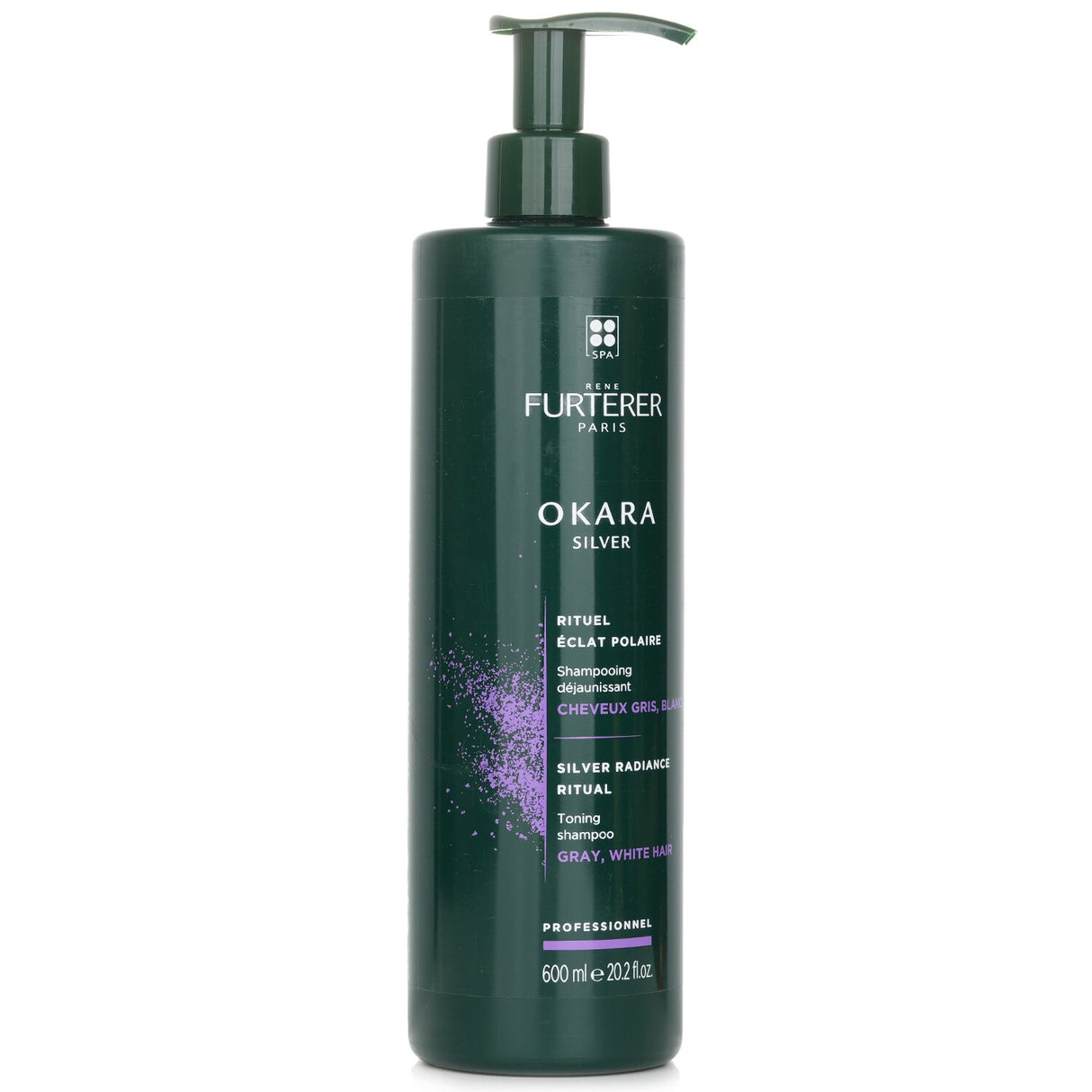 Rene Furterer Okara Silver Radiance Toning Shampoo for vibrant gray and platinum hair, neutralizes brassiness and enhances shine.