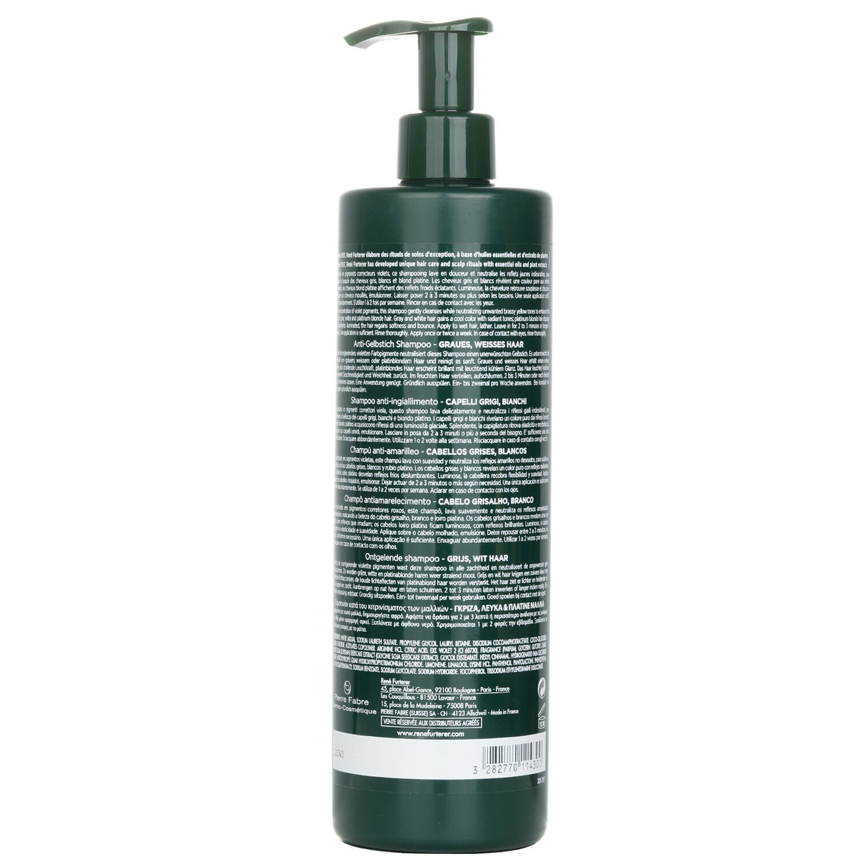 Toning shampoo for gray, white, and platinum hair, neutralizing brassiness with violet pigments and Okara extract for shine.