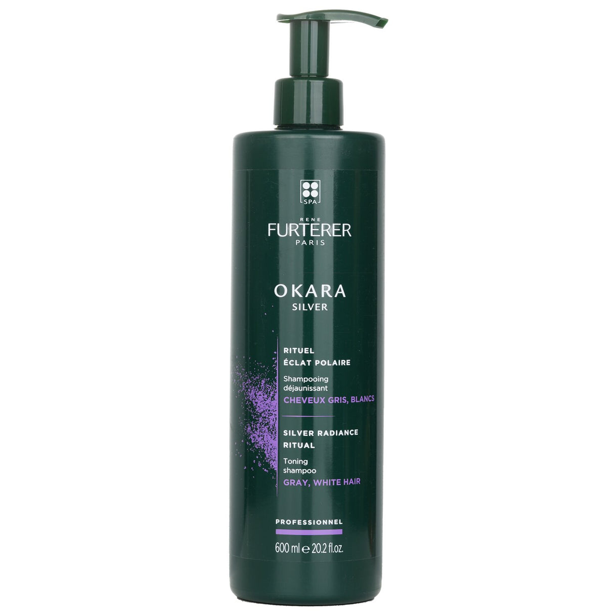 Rene Furterer Okara Silver Shampoo for vibrant gray and white hair, neutralizes brassiness, enhances shine with natural extracts.