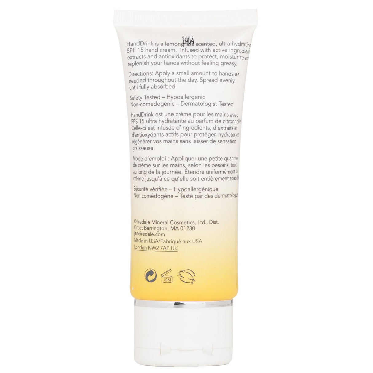 Jane Iredale HandDrink Hand Cream SPF15 in Lemongrass scent, hydrating, protects hands with UV defense and nourishes skin.