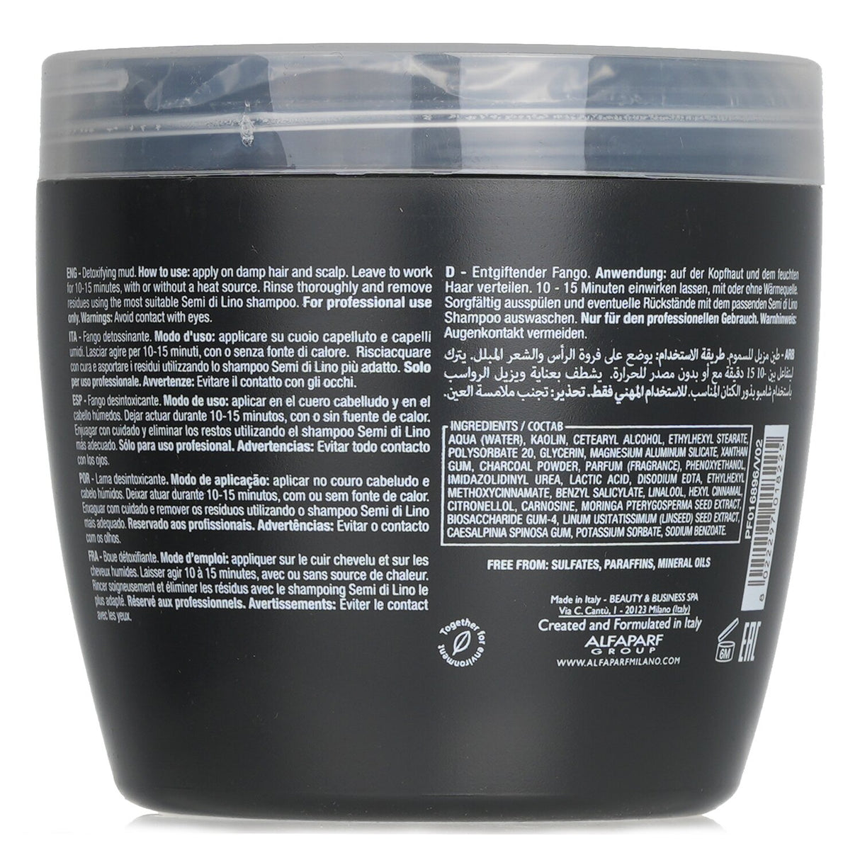 AlfaParf Semi Di Lino Sublime Detoxifying Mud in a 500ml jar, designed for all hair types, revitalizing with a refreshing clay texture.