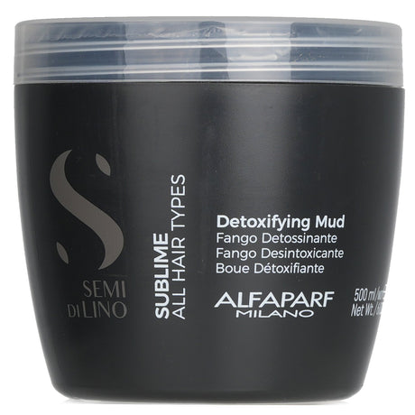 AlfaParf Semi Di Lino Detoxifying Mud in a 500ml jar, designed to purify hair and scalp for vibrant, manageable locks.