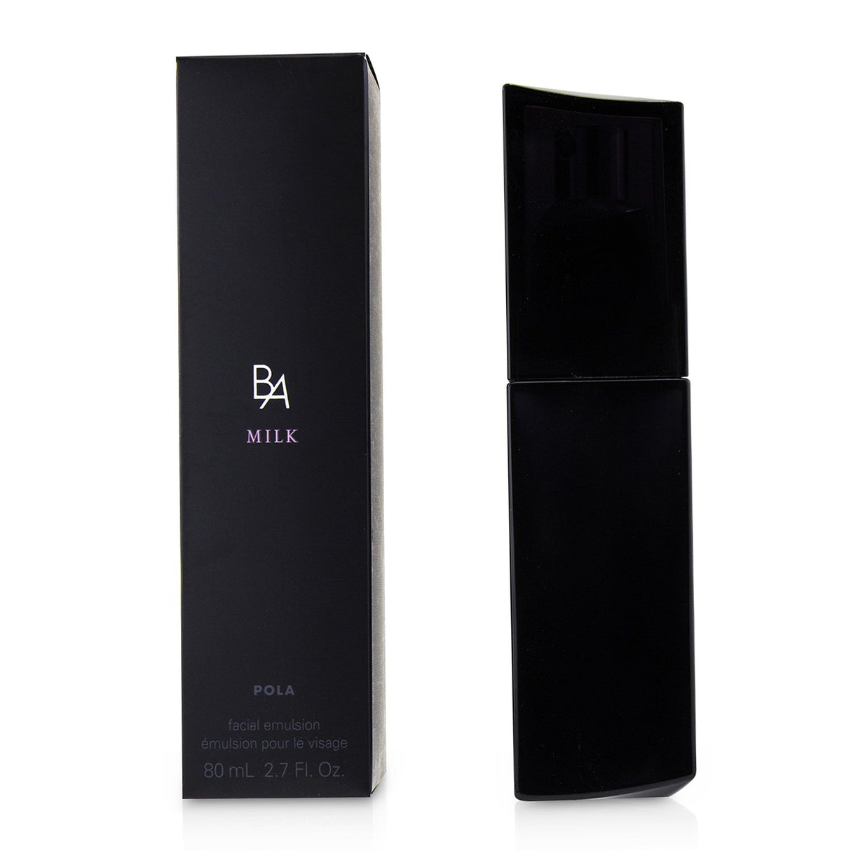 Luxurious POLA B.A Milk Facial Emulsion in an elegant 80ml bottle, designed for hydration, collagen boost, and youthful skin.