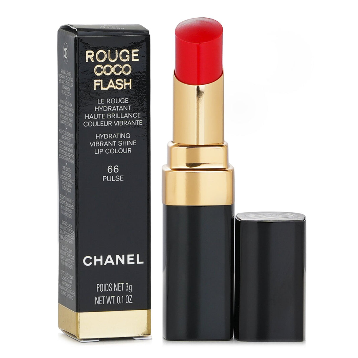 Chanel Rouge Coco Flash #66 Pulse: Hydrating lipstick with vibrant color, high shine finish, and velvety application.