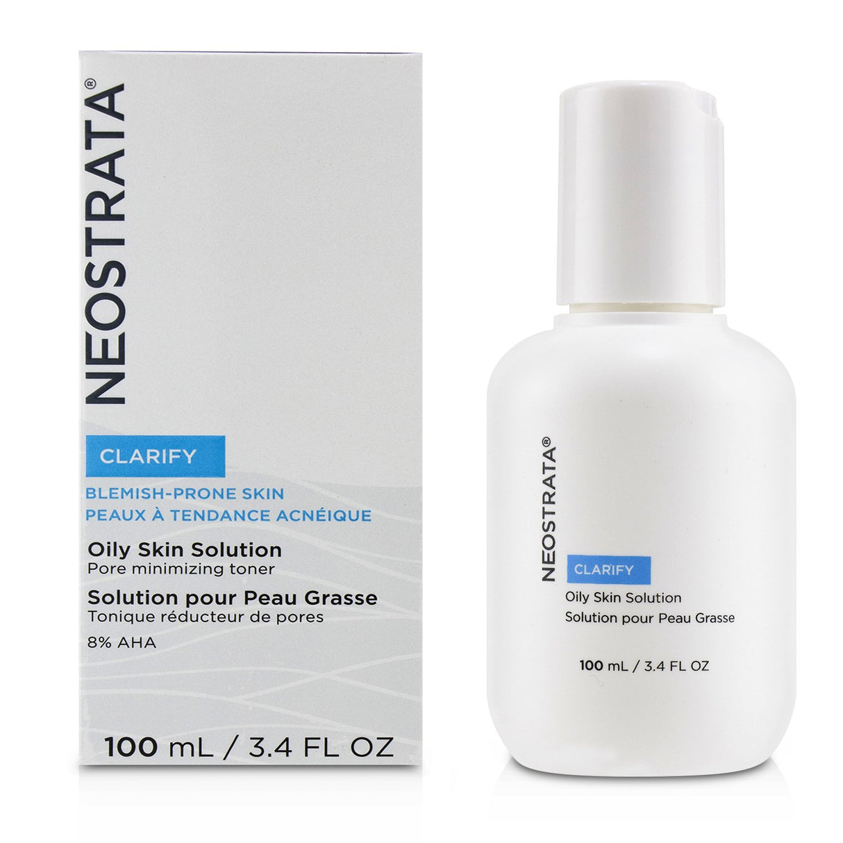 Neostrata Clarify toner with 8% AHA, designed for oily, blemish-prone skin; exfoliates, unclogs pores, and reduces shine.