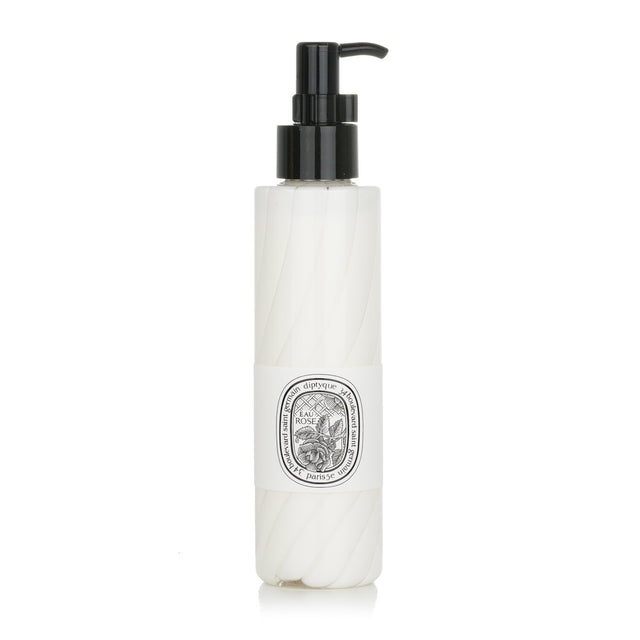 Moisturizing hand and body lotion with a light texture, macadamia oil, and a fragrant rose scent, suitable for all skin types.