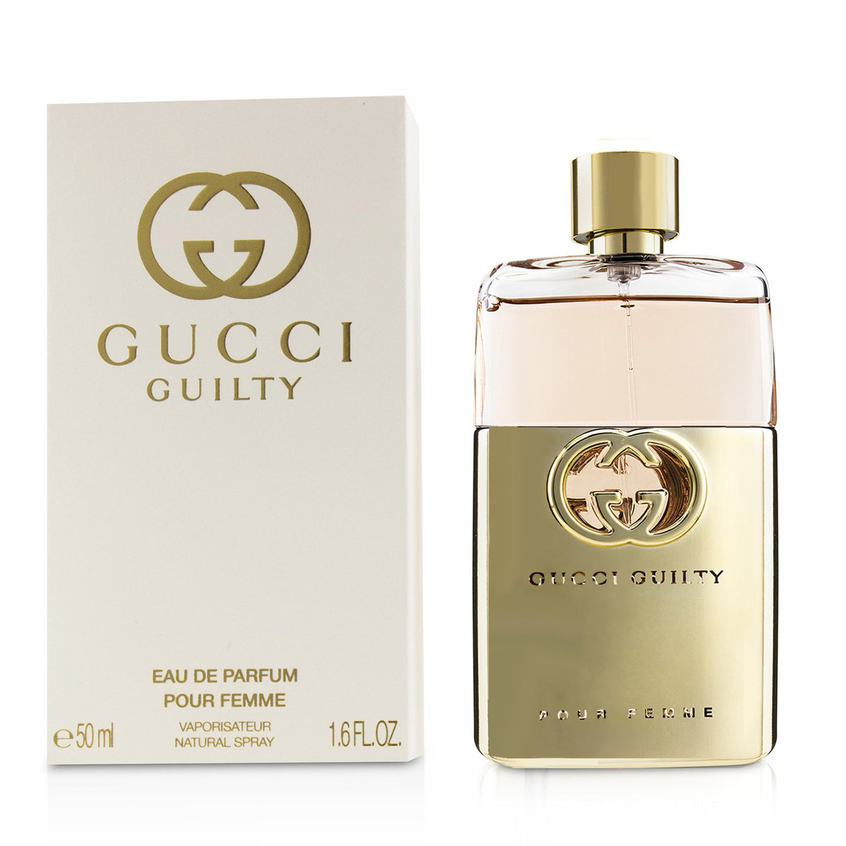 Gucci - Guilty Pour Femme 50ml, a bold and chic Eau De Parfum with mandarin, pink pepper, peach, lilac, and patchouli notes.