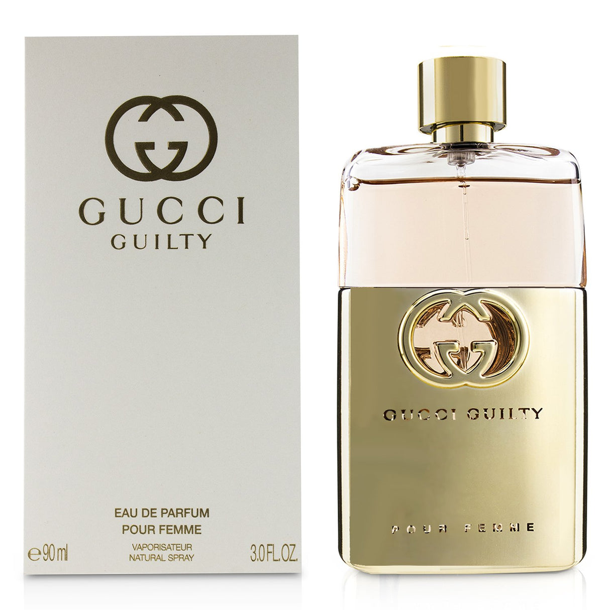 Gucci Guilty Pour Femme 90ml parfum spray featuring notes of mandarin, lilac, amber, and patchouli for a seductive scent.