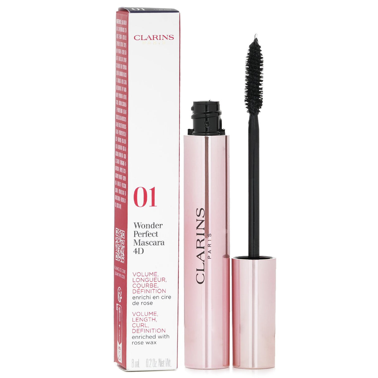 Clarins Wonder Perfect Mascara 4D in Perfect Black enhances, strengthens, and curls lashes for a voluminous, long-lasting look.