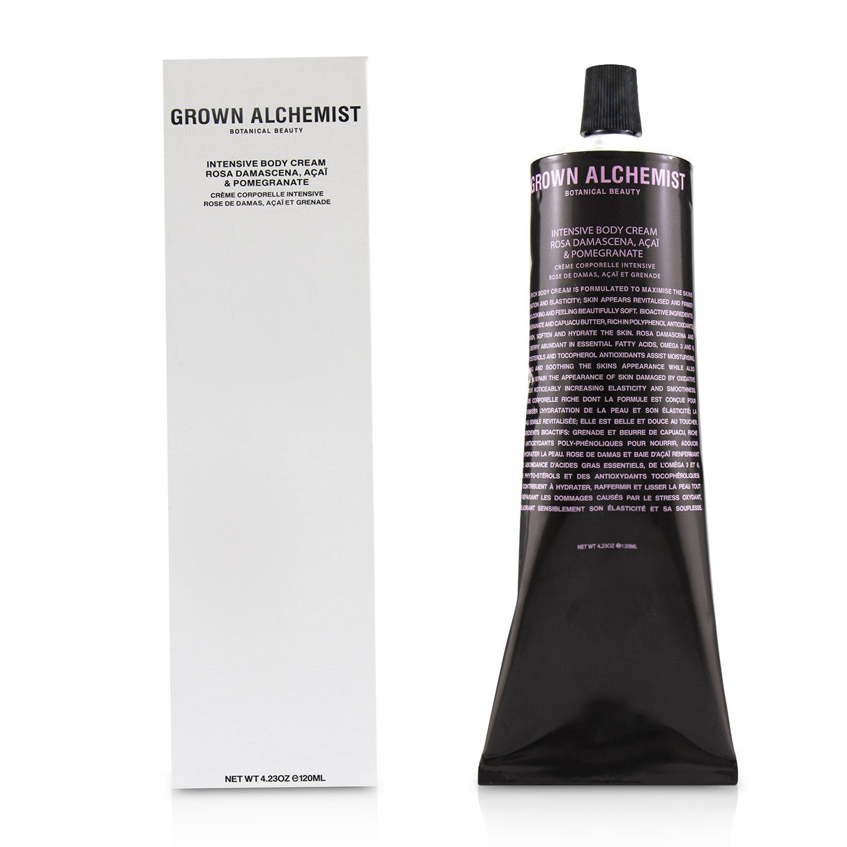 Grown Alchemist Intensive Body Cream with Rosa Damascena, Acai, and Pomegranate for intense hydration and skin rejuvenation.