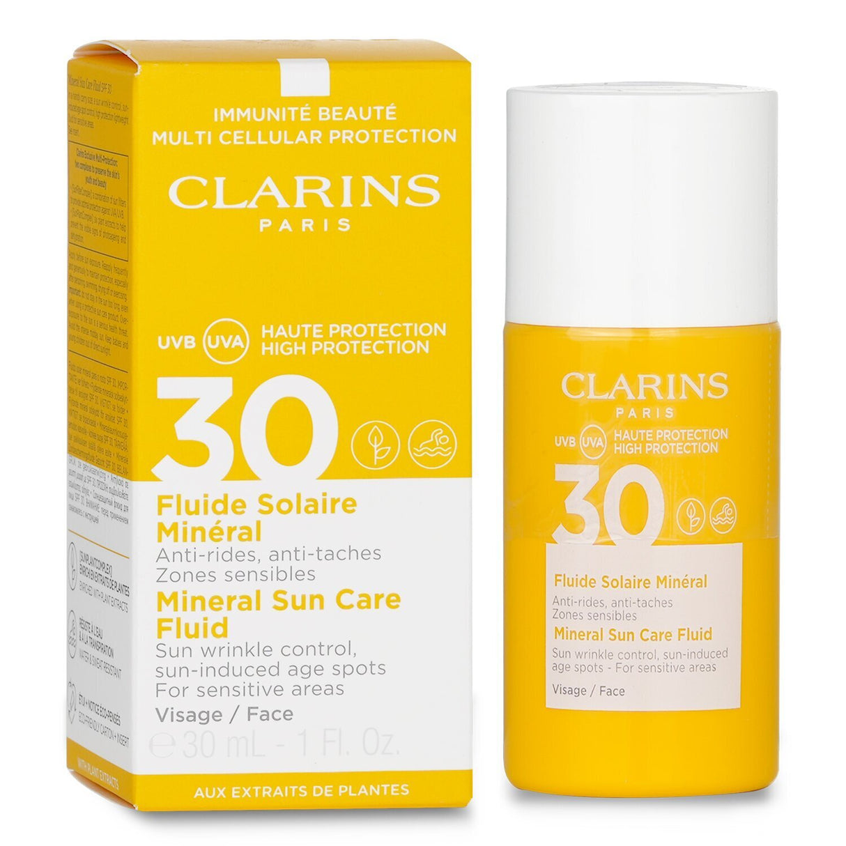Clarins Mineral Sun Care Fluid SPF 30 in a 30ml bottle, providing tinted sun protection for sensitive areas with water-resistant formula.