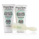 Original Sprout Baby's First Bath Kit featuring baby wash, cream, and a gentle comb for soothing bath time.