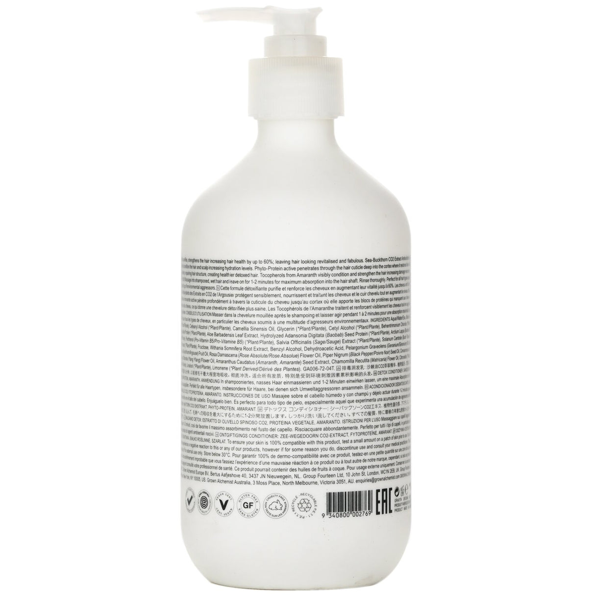 Premium detox conditioner 500ml with Hydrolyzed Silk Proteins, antioxidants, and Sea-Buckthorn for vibrant, healthy hair.