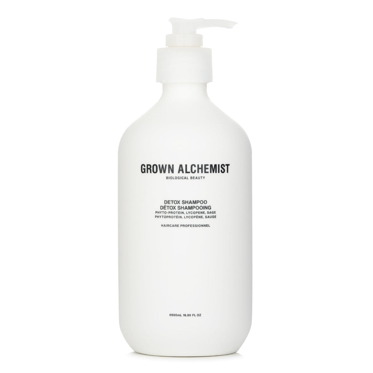 Grown Alchemist Detox Shampoo 0.1 in a 500ml bottle, revitalizing hair with silk proteins, antioxidants, and deep nourishment.