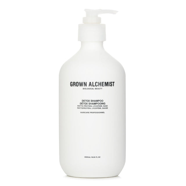 Grown Alchemist Detox Shampoo 0.1 in a 500ml bottle, revitalizing hair with silk proteins, antioxidants, and deep nourishment.