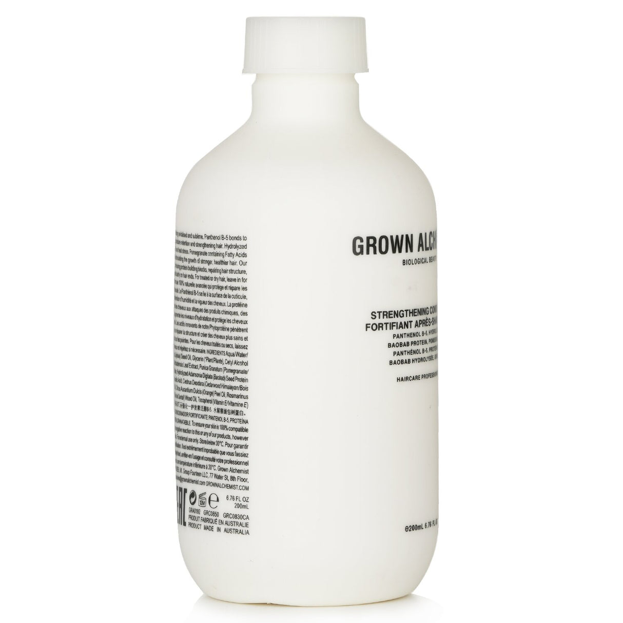 Grown Alchemist Strengthening Conditioner 0.2, 200ml, revitalizes and strengthens hair while enhancing shine and moisture retention.