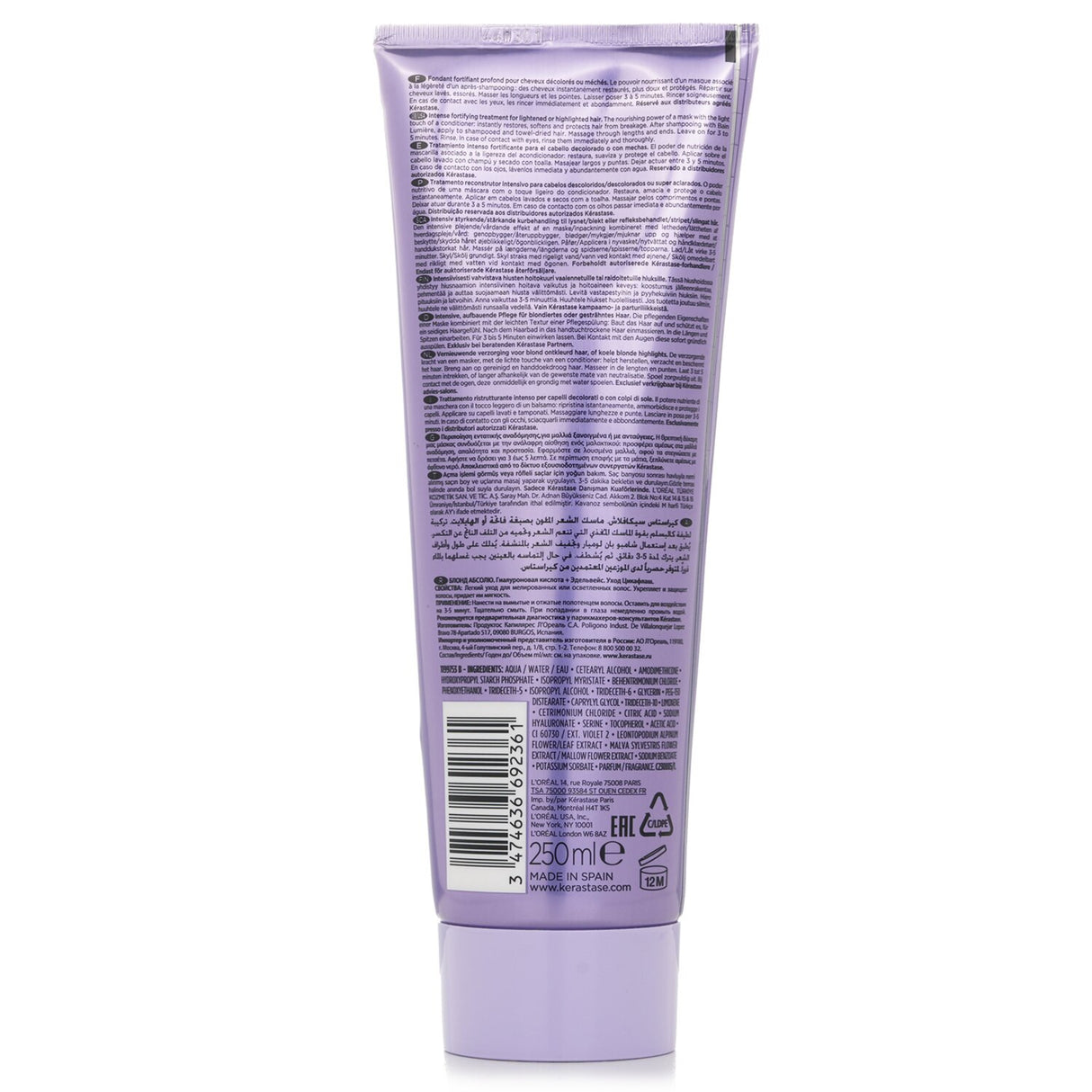 Opalescent lavender gel treatment for lightened hair, enhancing shine, strength, and moisture without heaviness.