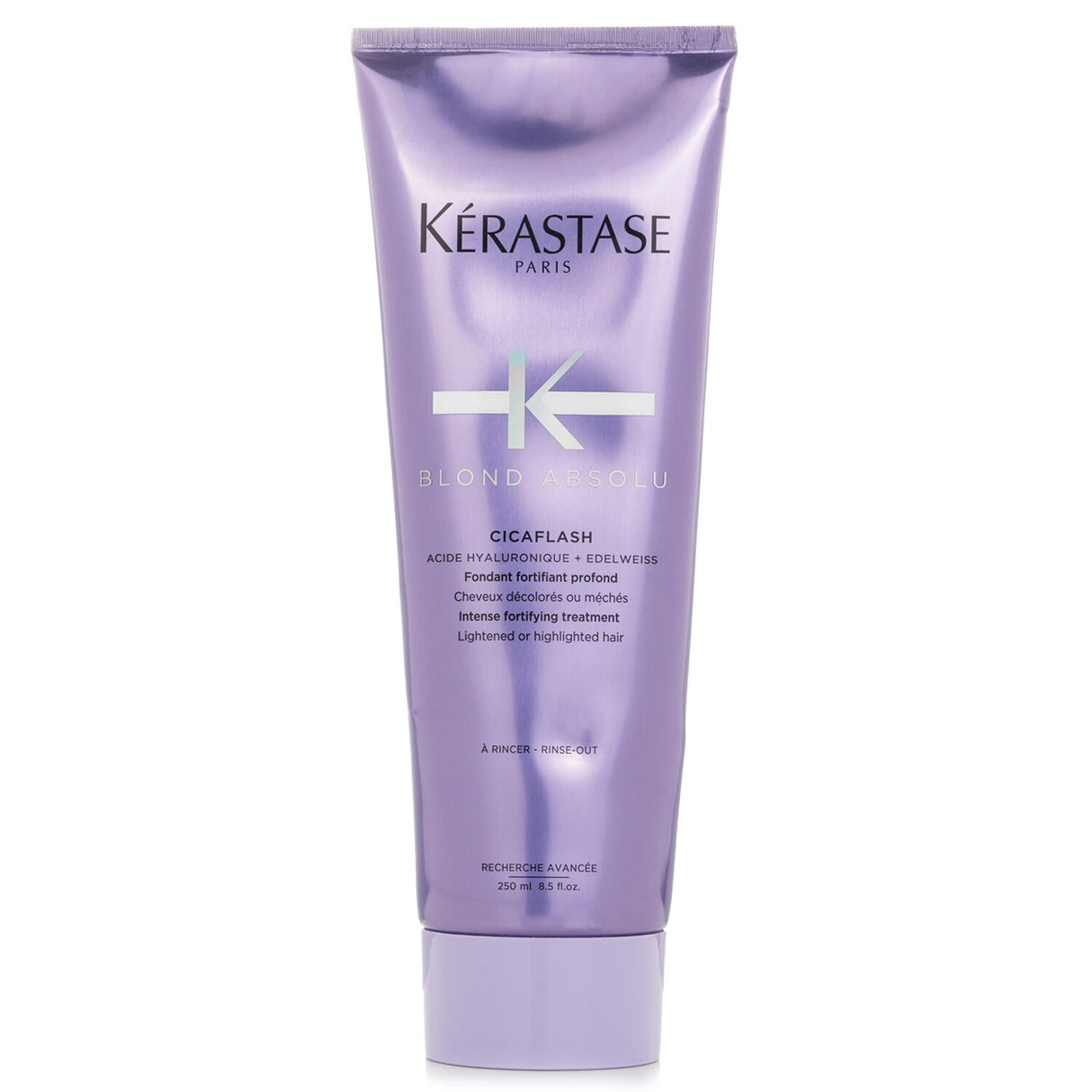 Kerastase Blond Absolu Cicaflash Treatment in a lavender gel, fortifying lightened hair while smoothing and nourishing strands.