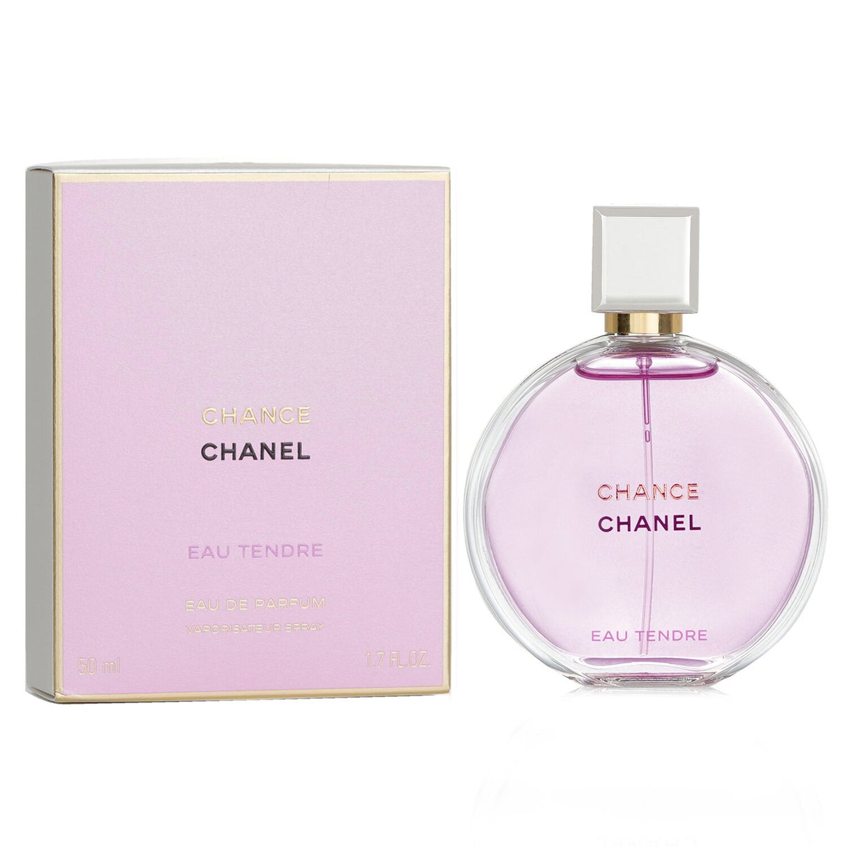 Chanel Chance Eau Tendre 50ml perfume in a delicate bottle, featuring grapefruit, jasmine, and white musk notes for refined elegance.