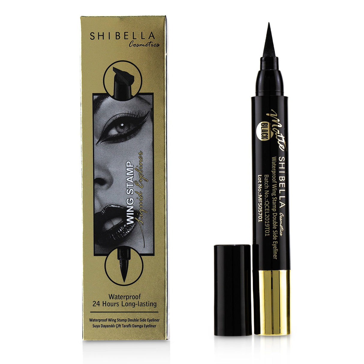 Dual-sided waterproof eyeliner with a stamp for precise wings and a pen for vibrant, long-lasting color.