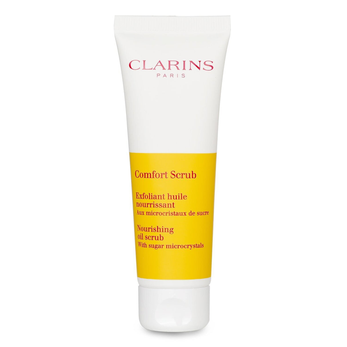 Clarins Comfort Scrub is a 50ml nourishing oil scrub with sugar microcrystals and wild mango butter for dry skin exfoliation.