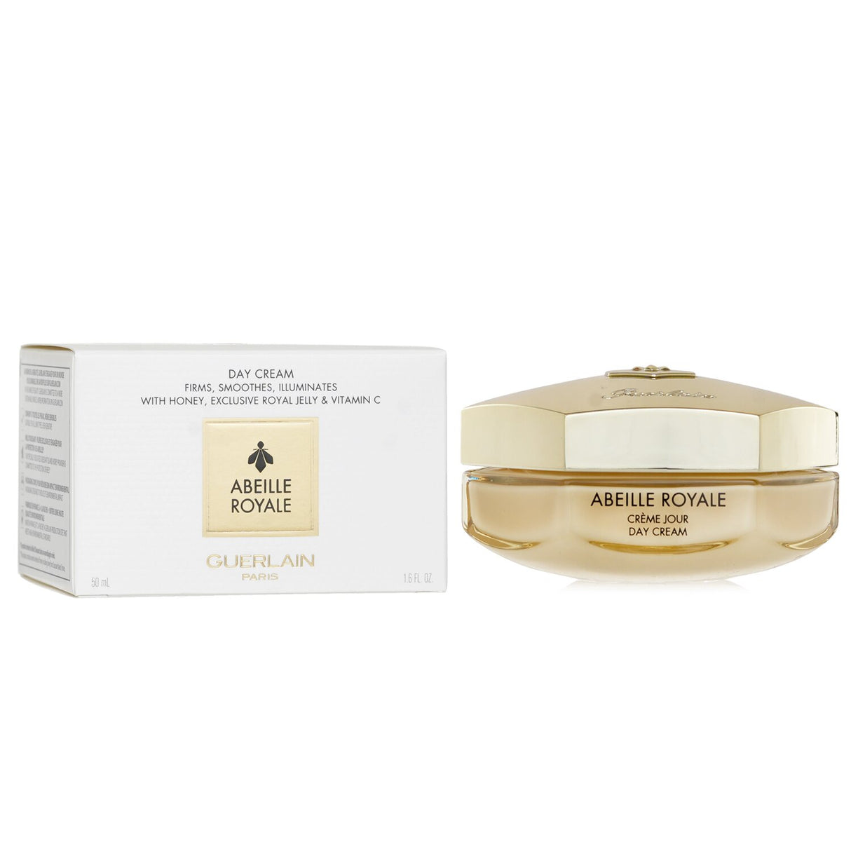 Luxurious Guerlain Abeille Royale Day Cream in a 50ml jar, designed to firm, smooth, and illuminate aging skin.