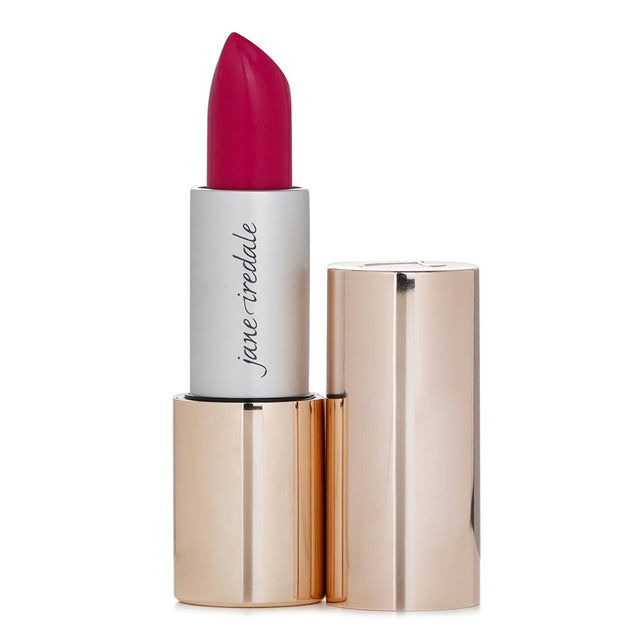 Hot pink Jane Iredale lipstick in a sleek rose gold tube, hydrating with Moringa Oil for a creamy matte finish and bold color.