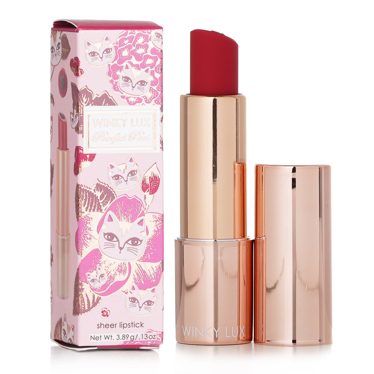 Winky Lux's Purrfect Pout lipstick in sheer raspberry features a cute cat-shaped core for a smooth, moisturizing finish.