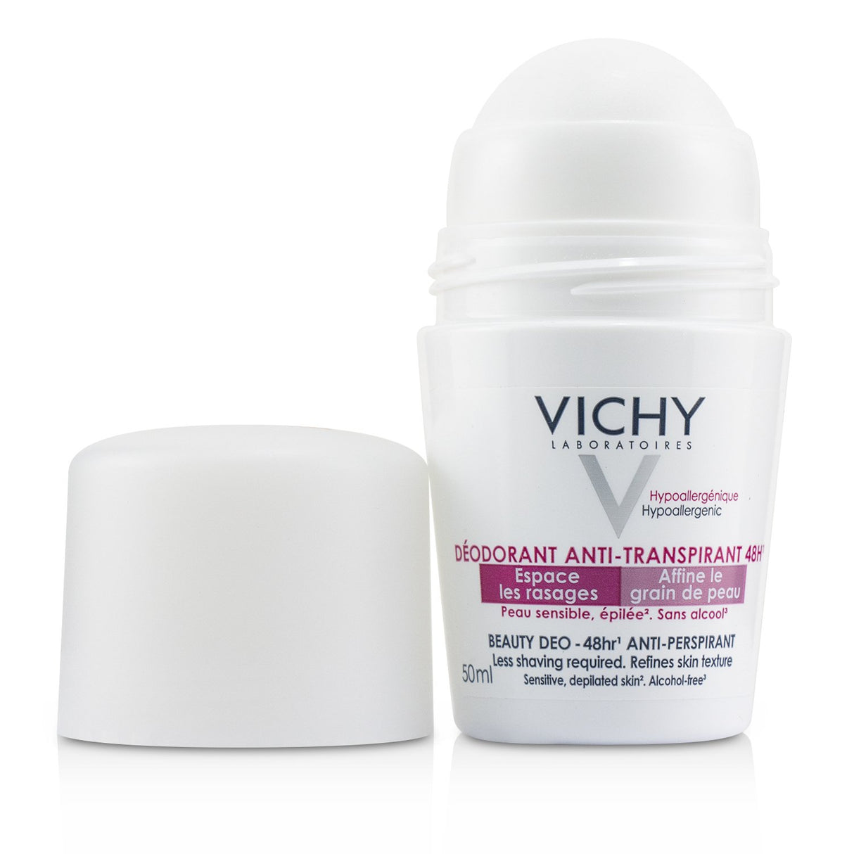 Vichy Beauty Deo Roll-On for sensitive skin, 50ml, provides 48-hour protection without white marks or irritation.