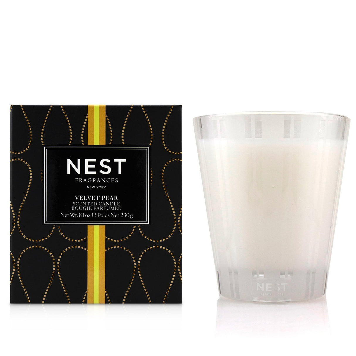 Velvet Pear scented candle in a glass jar, offering a calming aroma and 20-hour burn time for a cozy atmosphere.