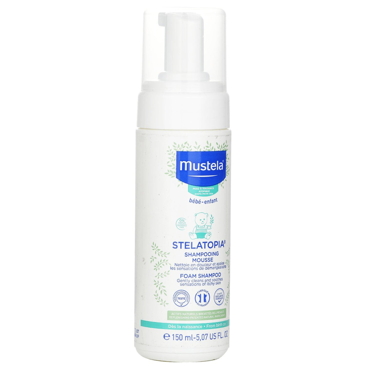 Mustela Stelatopia Foam Shampoo for babies, gently cleanses, soothes itchy scalps, and restores hydration with a tear-free formula.