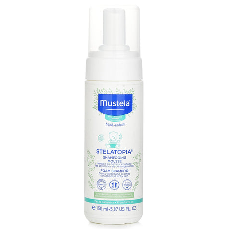 Mustela Stelatopia Foam Shampoo in a 150ml bottle, gently cleanses and soothes itchy skin on babies' delicate scalps.