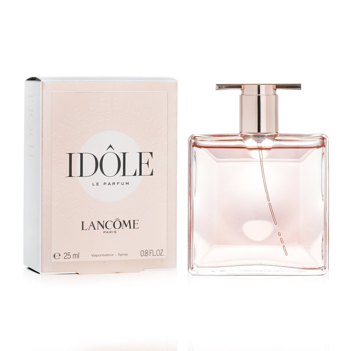 A 25ml bottle of Lancome Idole Eau De Parfum, a chypre-floral fragrance with notes of rose, bergamot, and vanilla.