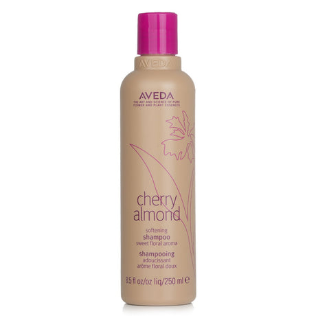 Aveda Cherry Almond Softening Shampoo 250ml, enriched with babassu and almond oil for soft, shiny, and fragrant hair care.