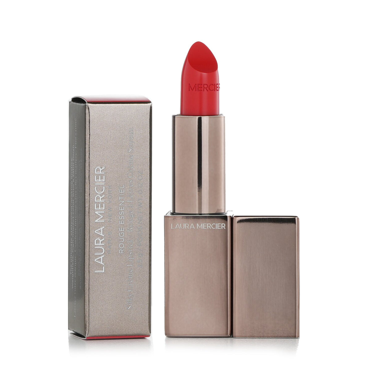 Laura Mercier Rouge Essentiel Silky Creme Lipstick in #Rouge Electrique, a vibrant orange-red shade for bold, long-lasting color.