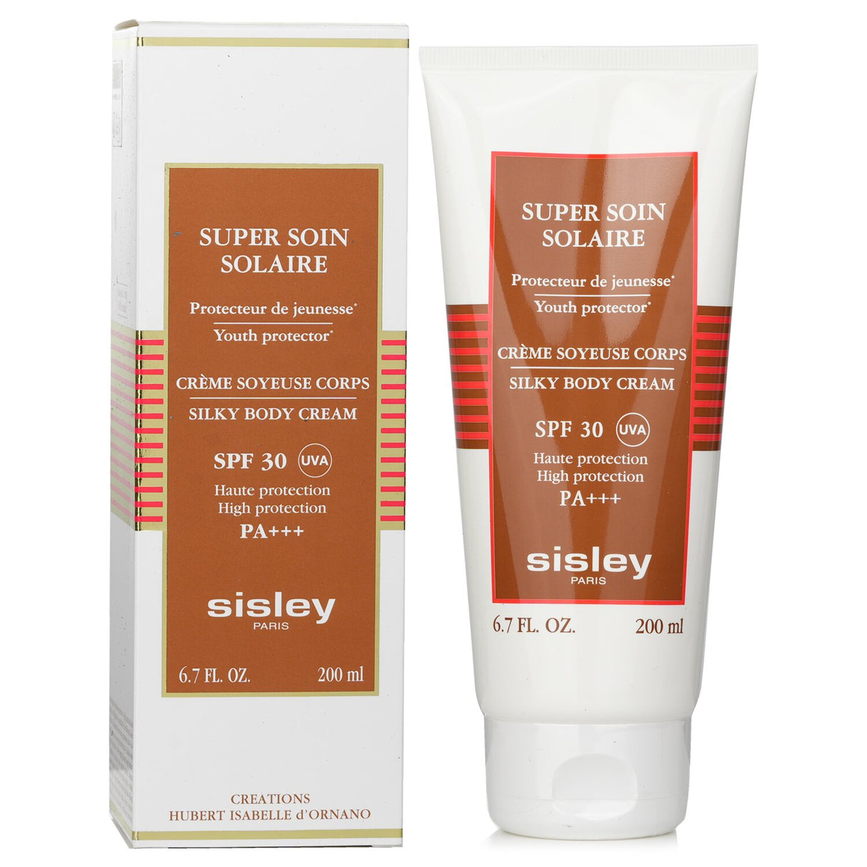 Luxurious Sisley body cream with SPF 30, offering UVA protection and hydration with Edelweiss and Camellia oil.