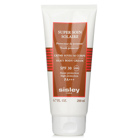 Luxurious Sisley body cream with SPF 30, offering high UVA protection and hydration with a fragrant, water-resistant formula.