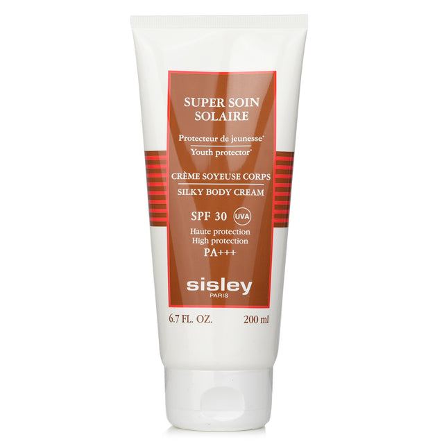 Luxurious Sisley body cream with SPF 30, offering high UVA protection and hydration with a fragrant, water-resistant formula.