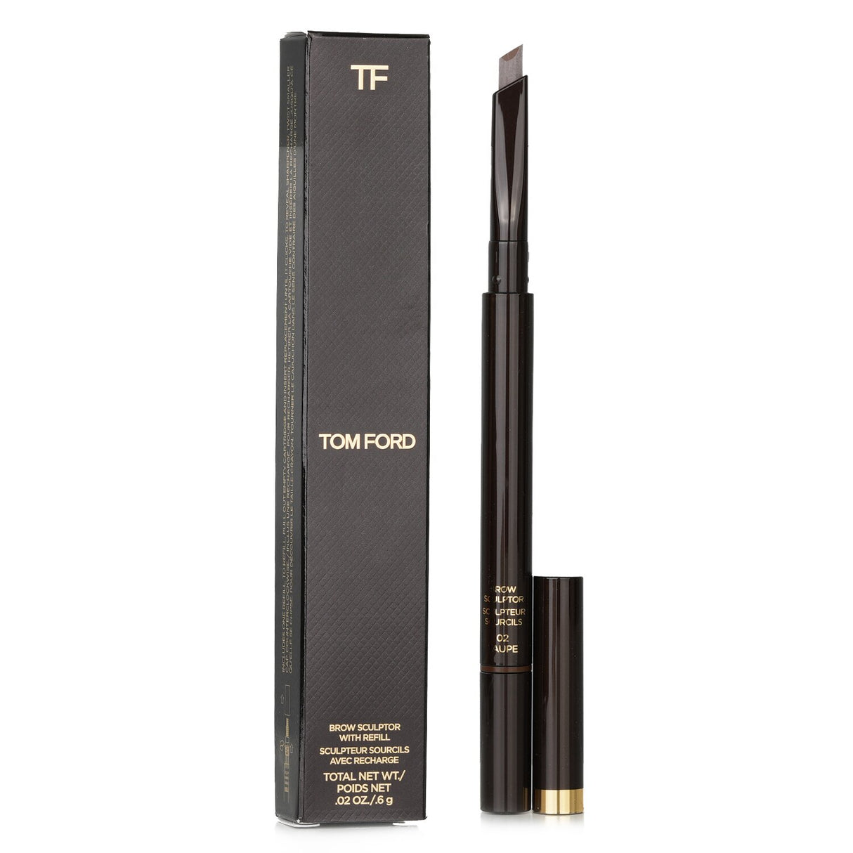 Tom Ford Brow Sculptor #02 Taupe, a double-ended pen for precise brow definition with a unique calligraphy tip and built-in brush.