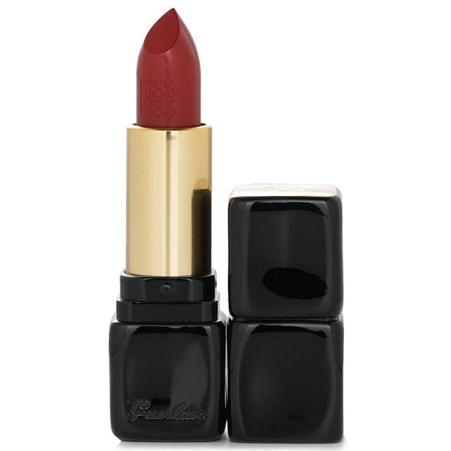 Guerlain KissKiss Lip Colour in #330 Red Brick, a creamy, vibrant lipstick with mango butter, hyaluronic acid, and a chic jewel case.