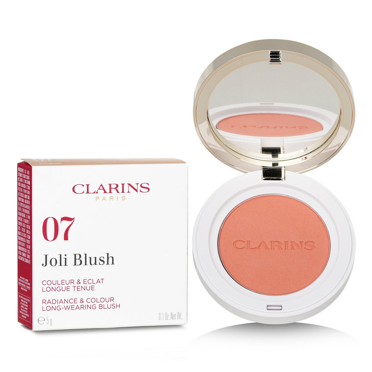 Clarins Joli Blush #07 Cheeky Peach, a 5g blush with customizable color, infused with Hazelnut oil for nourishment and long-lasting wear.