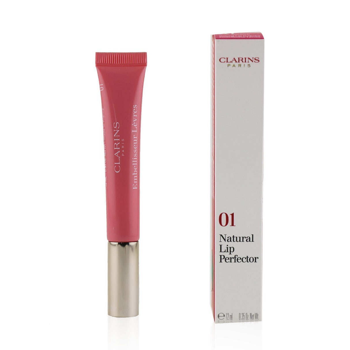 Clarins Natural Lip Perfector #01 Rose Shimmer, a nourishing lip treatment with a radiant sheen and soft-focus effect.