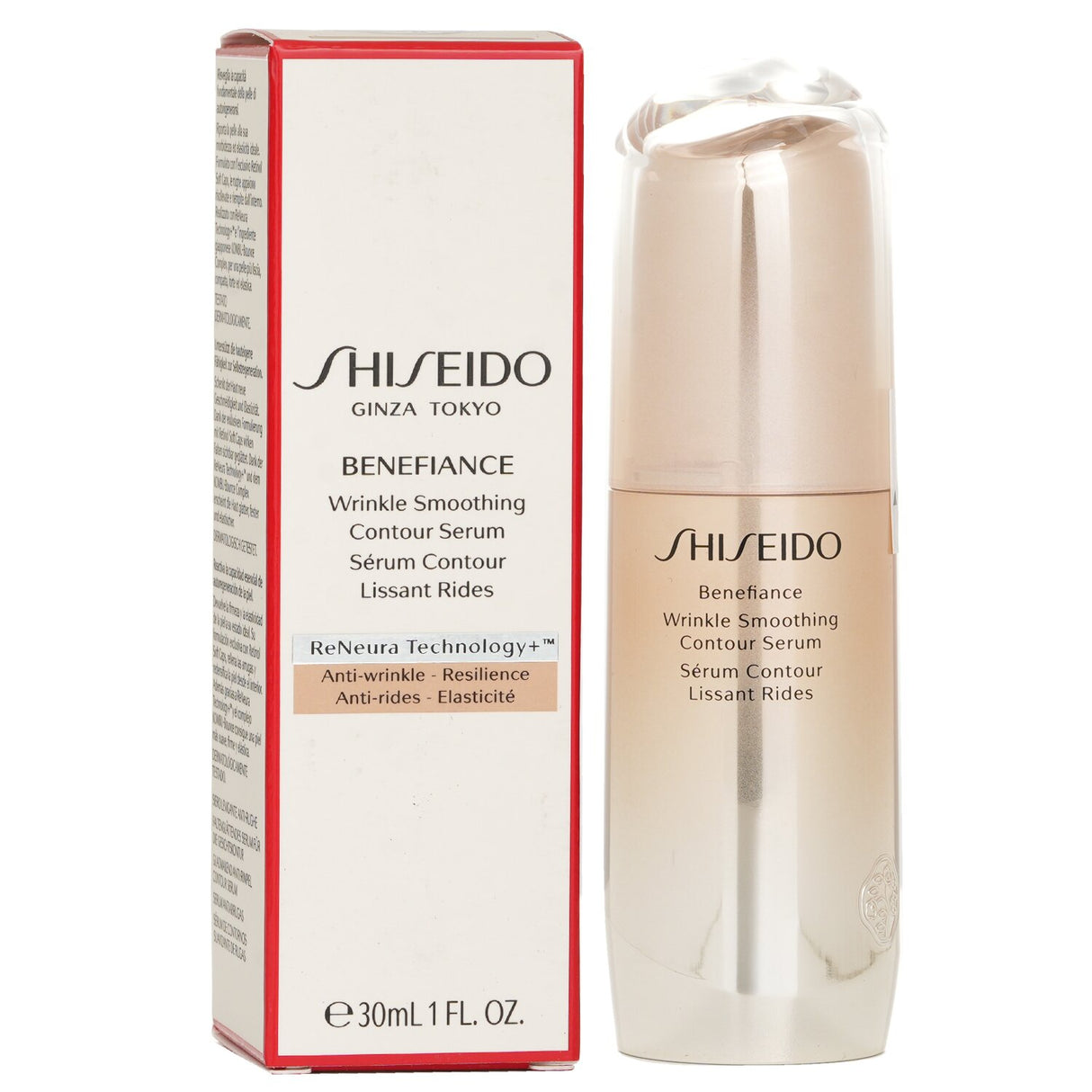 Shiseido Benefiance Wrinkle Smoothing Serum bottle showcasing anti-aging ingredients for youthful, hydrated skin.