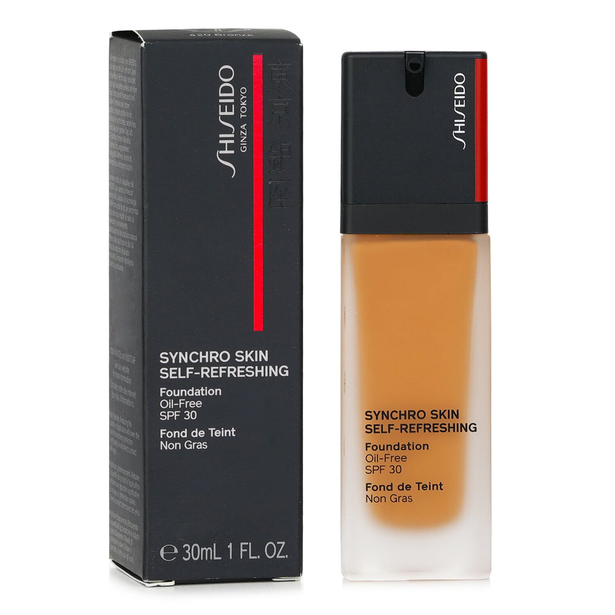 Shiseido Synchro Skin Foundation in #420 Bronze, 30ml; oil-free, hydrating, SPF 30 for long-lasting, natural coverage.