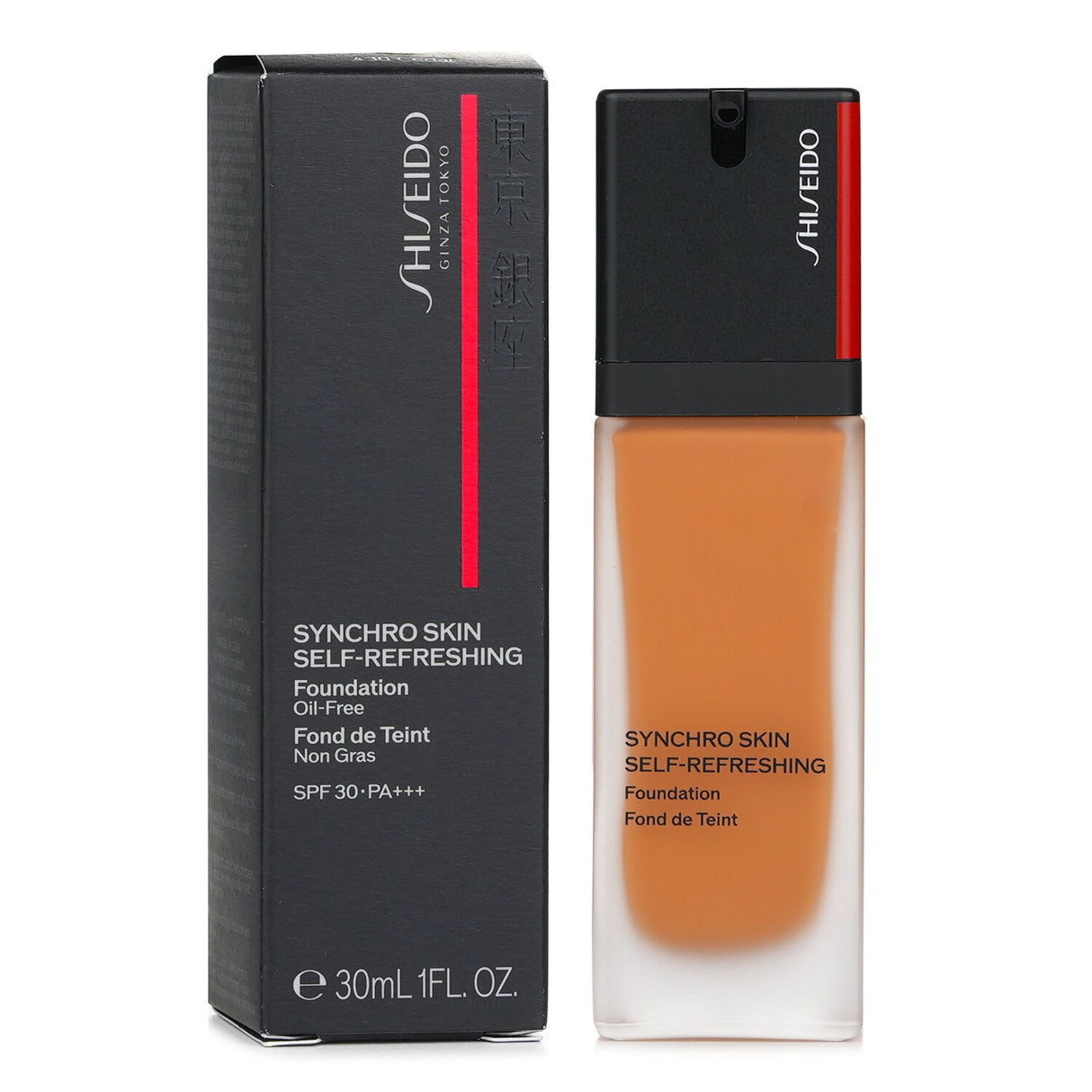 Shiseido Synchro Skin Foundation #430 Cedar in a sleek bottle, offering long-wearing, hydrating coverage with SPF 30 protection.