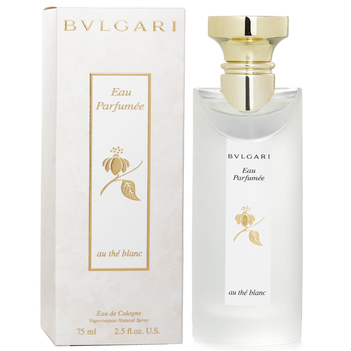 Bvlgari Eau Parfumee Au The Blanc, a floral woody cologne with notes of bergamot, tea, and rose in a 75ml spray bottle.