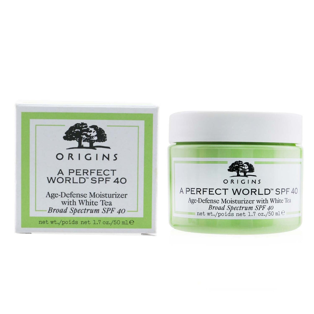 Origins SPF 40 Age-Defense Moisturizer with White Tea, 50ml, offers sun protection and anti-aging benefits for radiant skin.