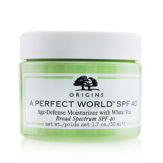 Origins A Perfect World SPF 40 moisturizer in 50ml, enriched with white tea for anti-aging and sun protection.