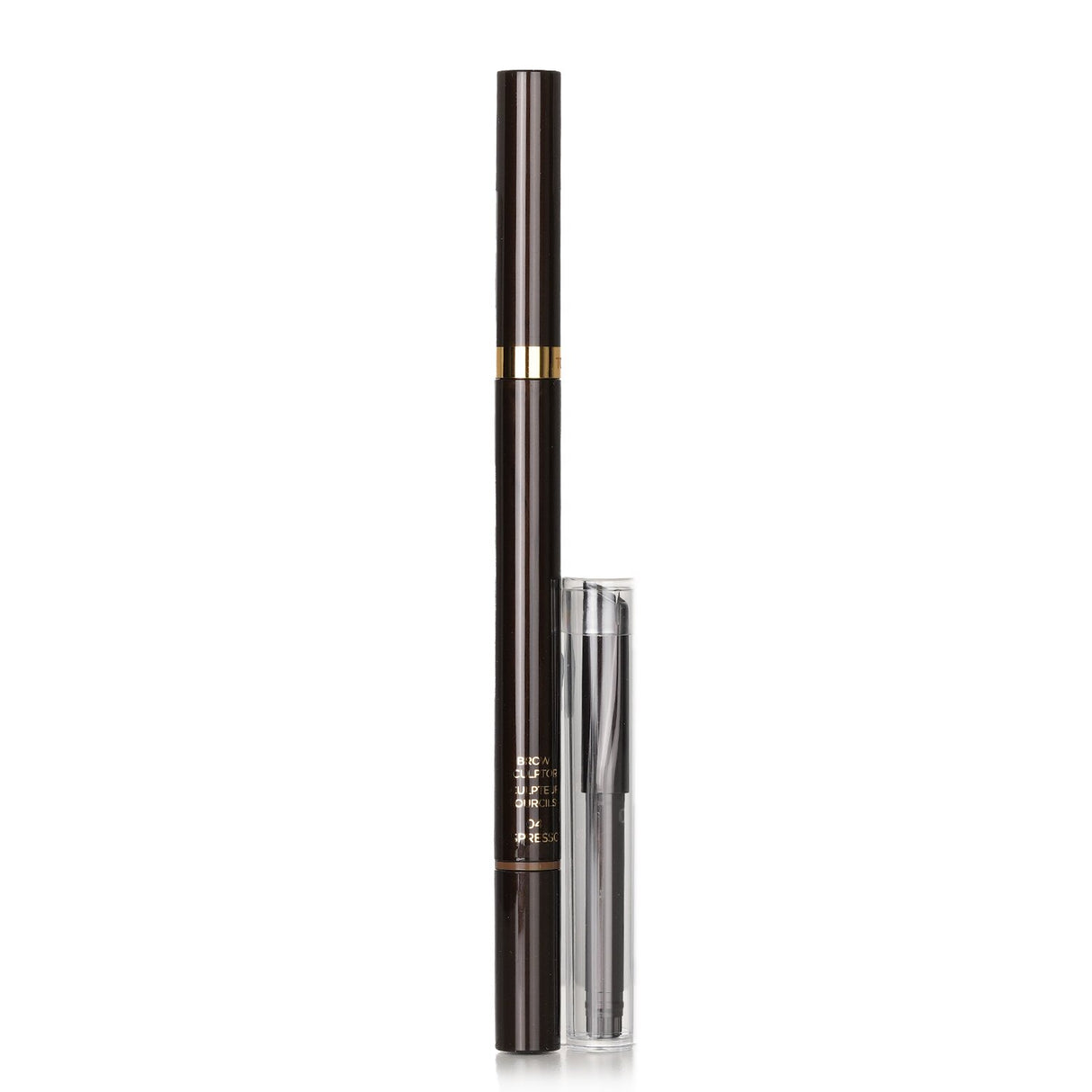 Tom Ford Brow Sculptor in #04 Espresso features a dual-ended design for precise application and blending of eyebrows.